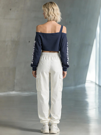 Women's Stylish Casual Navy Blue Off-the-shoulder Crop Top And Cargo Pants Set