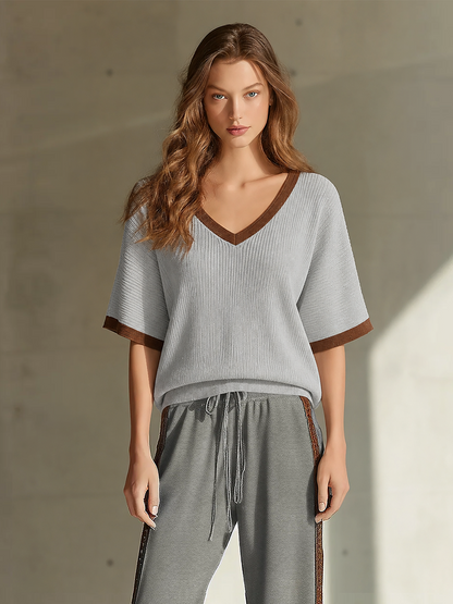 Women's Fashionable Casual Grey Color-block V-neck Short-sleeved Top And Trousers Set
