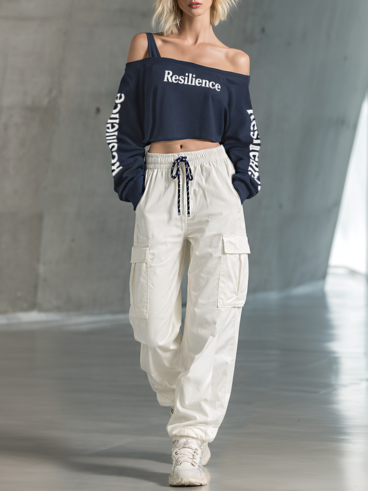 Women's Stylish Casual Navy Blue Off-the-shoulder Crop Top And Cargo Pants Set