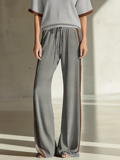 Women's Fashionable Casual Grey Color-block V-neck Short-sleeved Top And Trousers Set