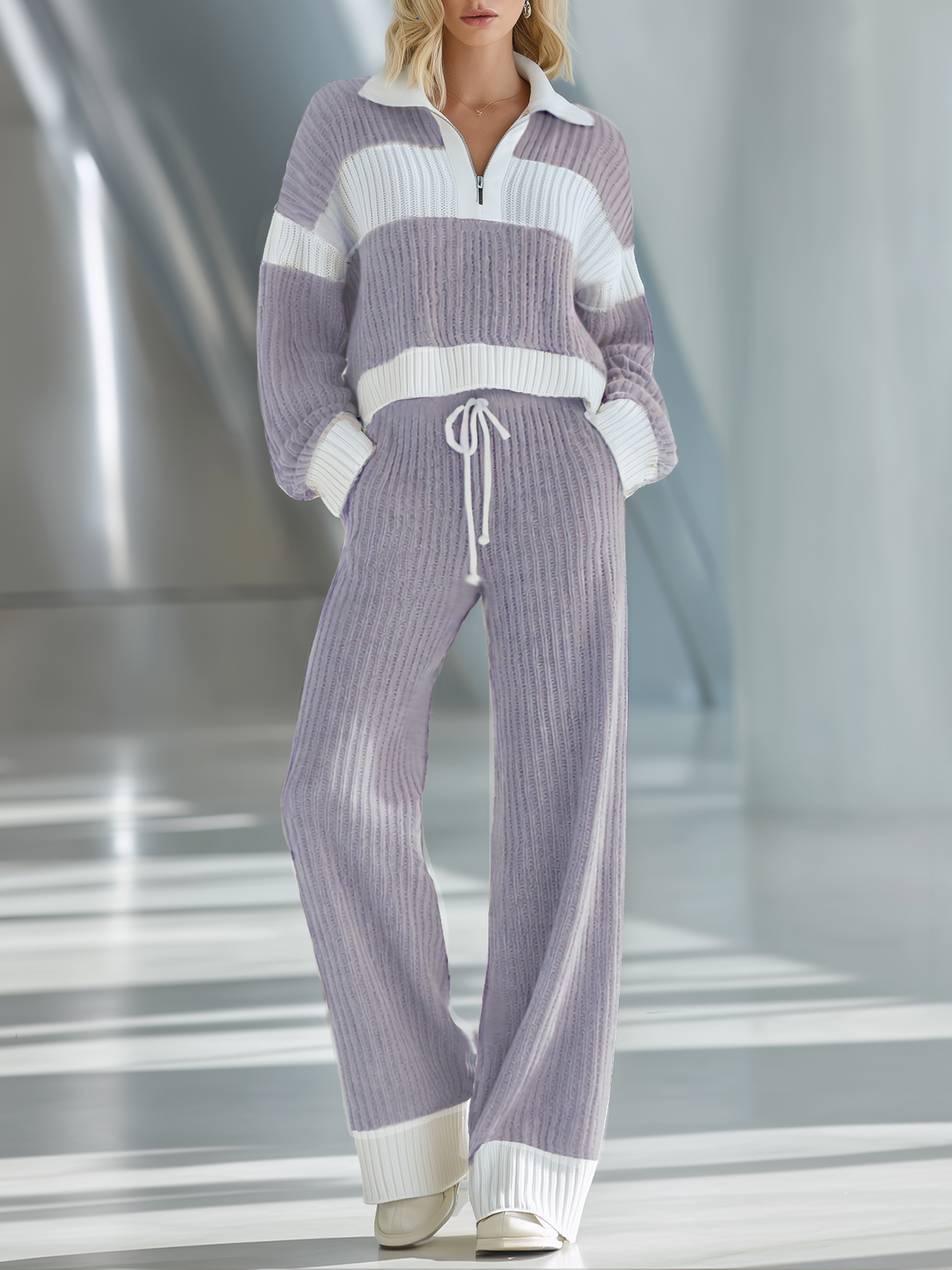 Women's Beige And White Striped Knitted Collared Half-zip Casual Set