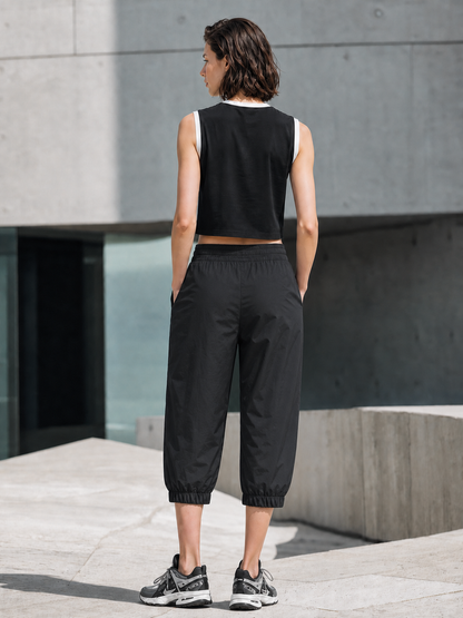 Black White Trim Sleeveless Crop Top & Ruched Cropped Jogger Pants Set