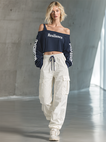 Women's Stylish Casual Navy Blue Off-the-shoulder Crop Top And Cargo Pants Set
