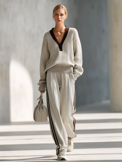 Olivria Women's Gray Block-Color V-Neck Knit Sweatshirt And Wide-Leg Pants Set