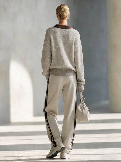 Olivria Women's Gray Block-Color V-Neck Knit Sweatshirt And Wide-Leg Pants Set
