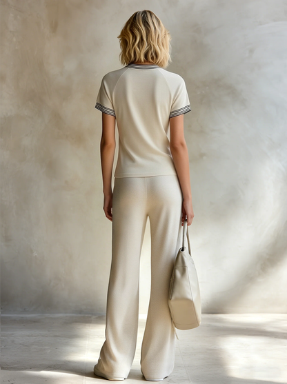 Women's Gray Knit V-Neck Short-Sleeve Top & Wide-Leg Pants Set Effortlessly Chic Ensemble