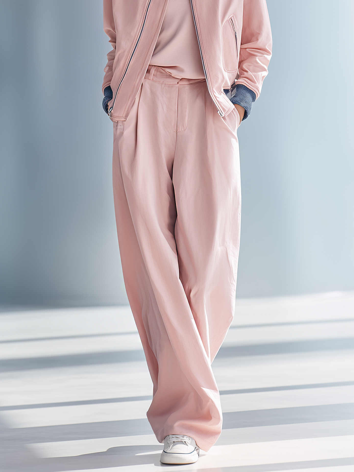 Women's fashionable casual pink patchwork jacket and wide-leg pants set