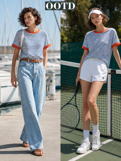 Color-block Striped T-shirt With Orange Piping And Side-stripe Wide-leg Pants Set