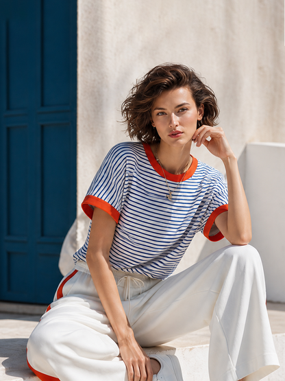 Color-block Striped T-shirt With Orange Piping And Side-stripe Wide-leg Pants Set