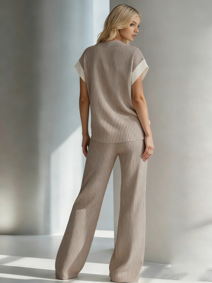 Women's Stylish And Lightweight Beige Knitted V-neck Top And Trousers Set