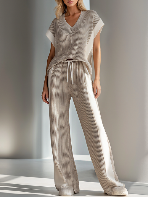 Women's Stylish And Lightweight Beige Knitted V-neck Top And Trousers Set