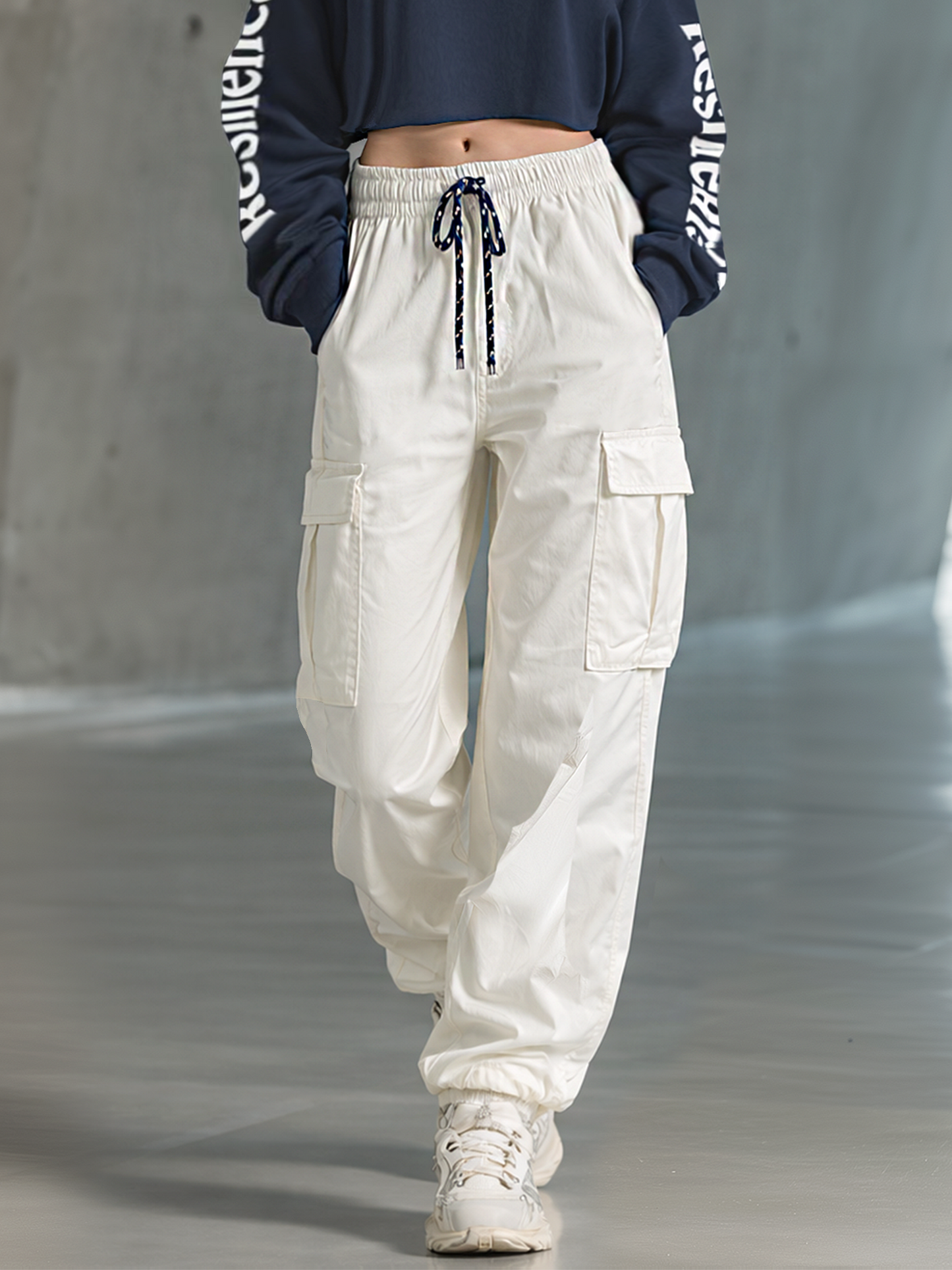 Women's Stylish Casual Navy Blue Off-the-shoulder Crop Top And Cargo Pants Set