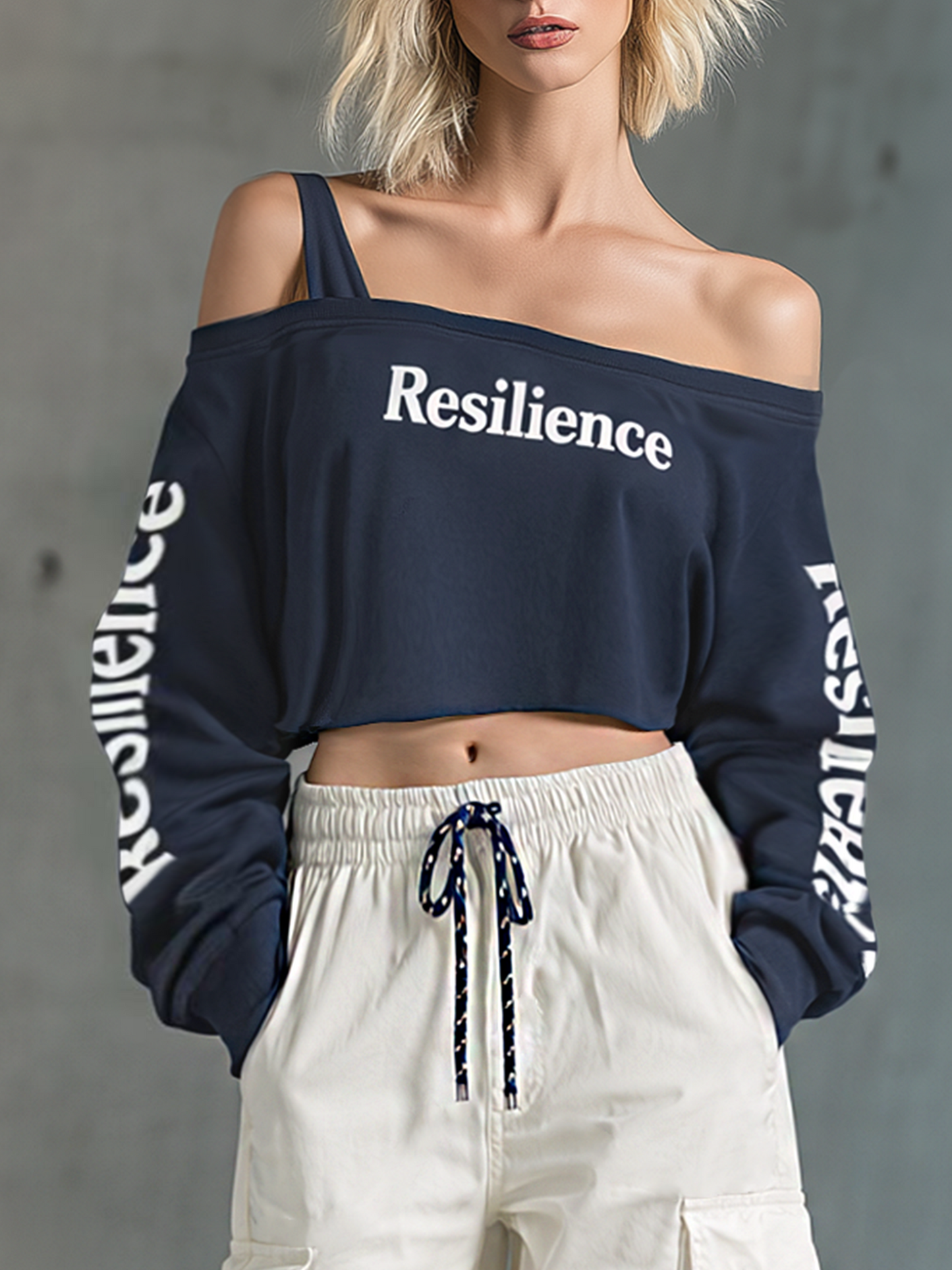 Women's Stylish Casual Navy Blue Off-the-shoulder Crop Top And Cargo Pants Set