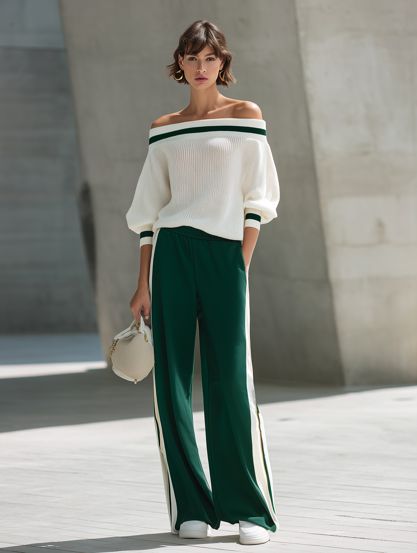Women's Versatile Color-block Off-the-shoulder Knit Top And Wide-leg Pants Set