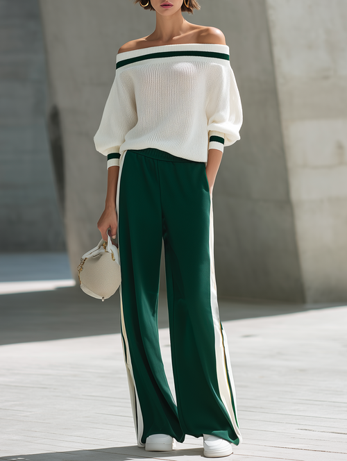 Women's Versatile Color-block Off-the-shoulder Knit Top And Wide-leg Pants Set
