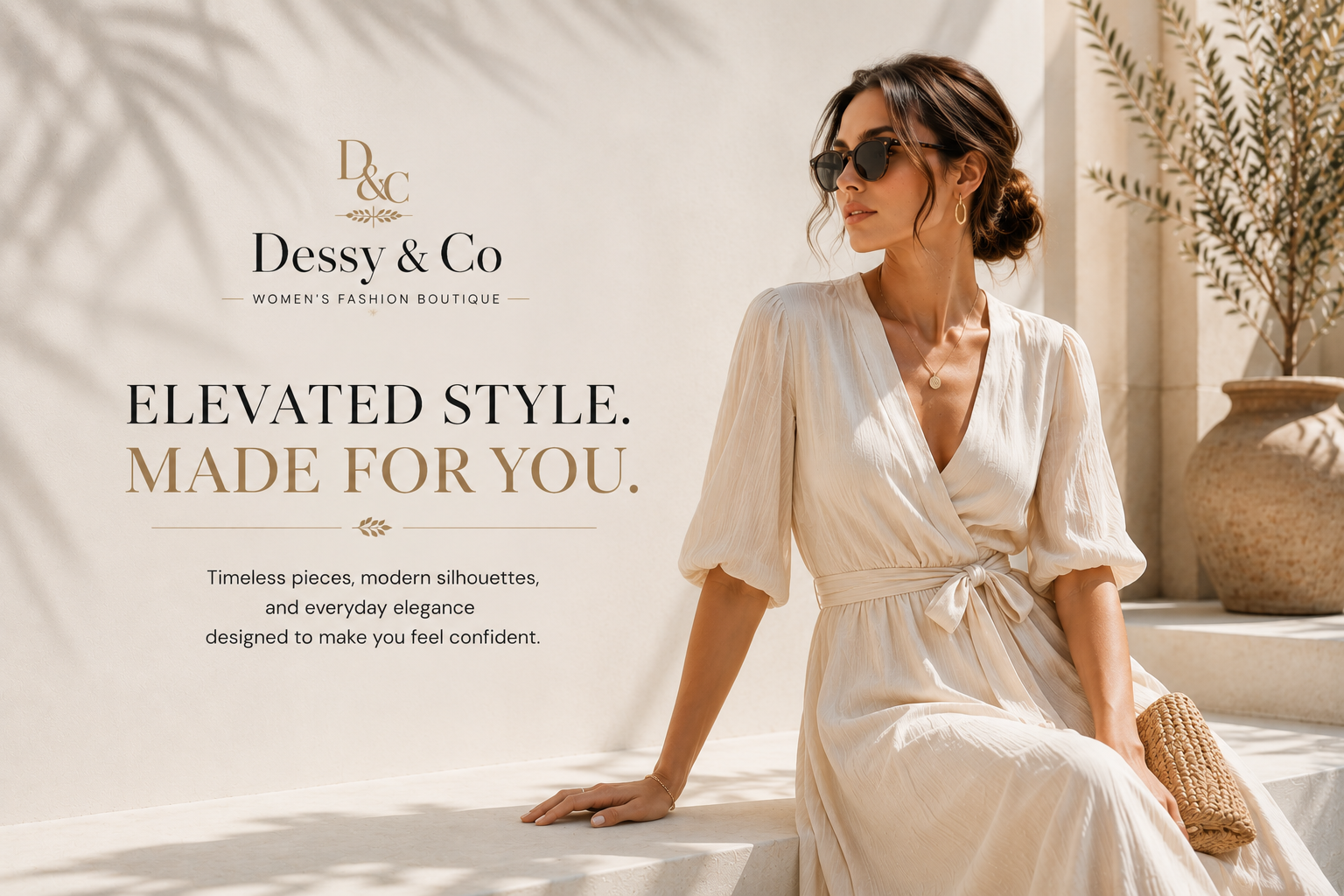 Woman in a white dress sitting outdoors with 'Dessy & Co' branding.