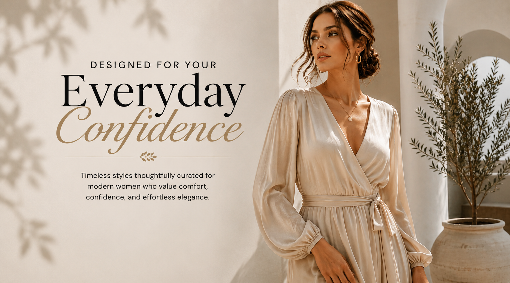 Woman in a beige dress with text 'Designed for your Everyday Confidence' in an indoor setting.