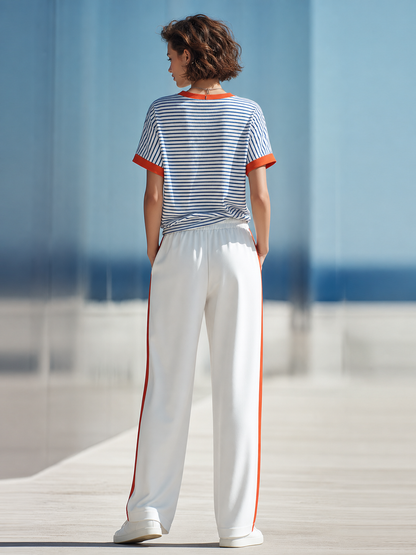 Color-block Striped T-shirt With Orange Piping And Side-stripe Wide-leg Pants Set