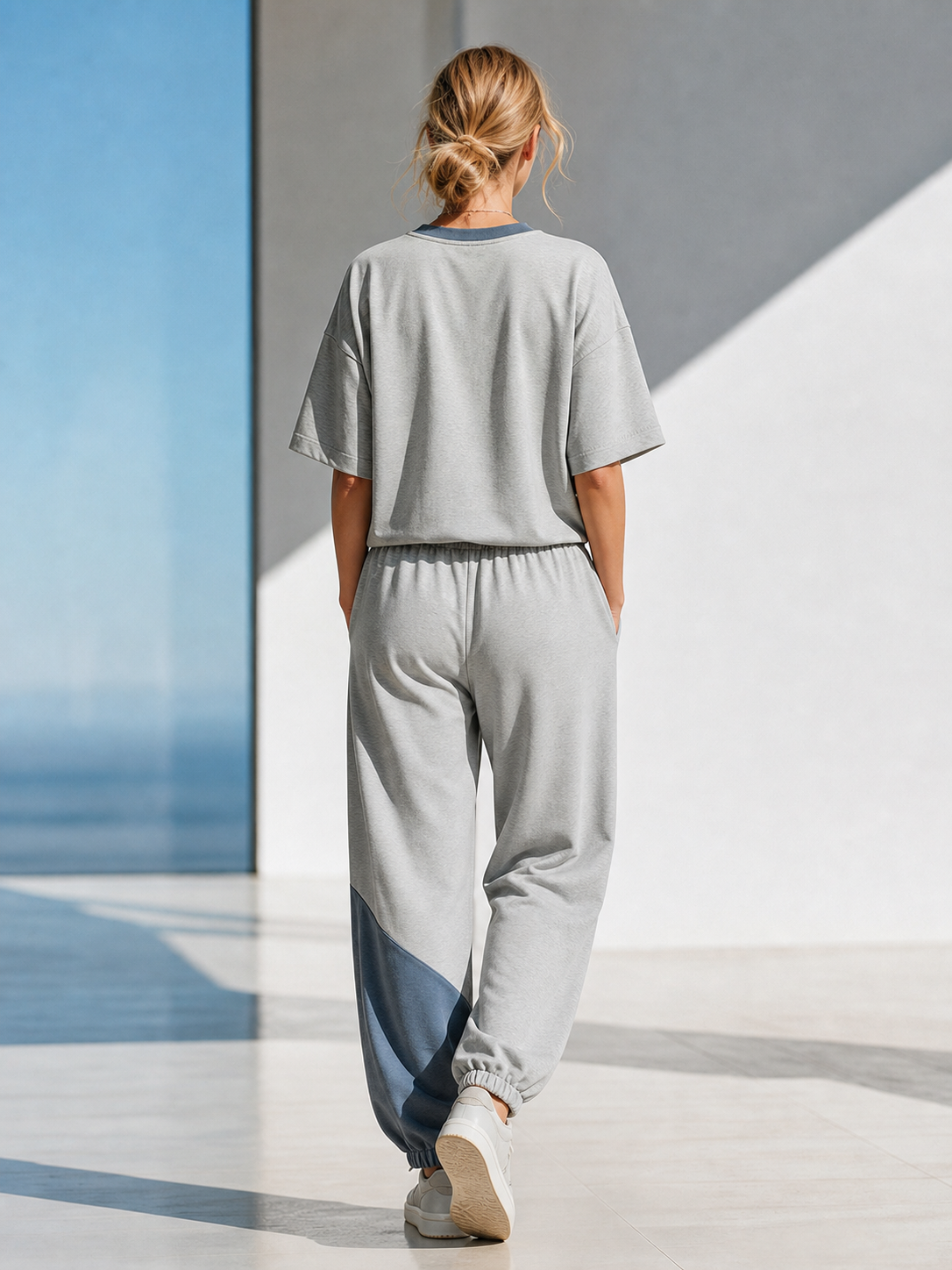Light Grey Color-block Patch-pocket T-shirt And Joggers Set
