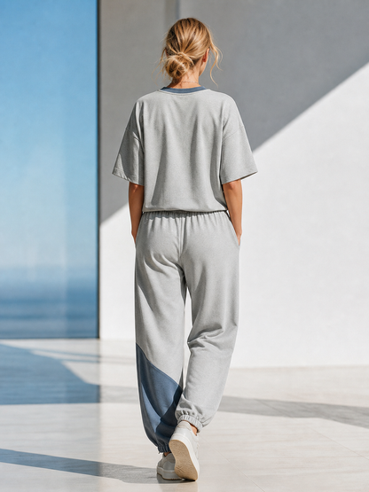 Light Grey Color-block Patch-pocket T-shirt And Joggers Set