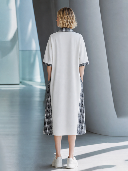 White Black Plaid Patchwork Half-Zip Polo Midi Dress