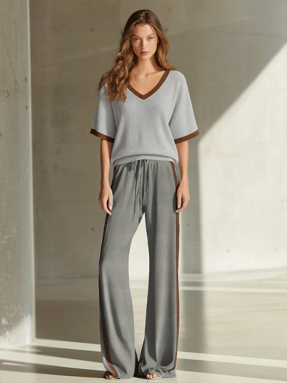 Women's Fashionable Casual Grey Color-block V-neck Short-sleeved Top And Trousers Set