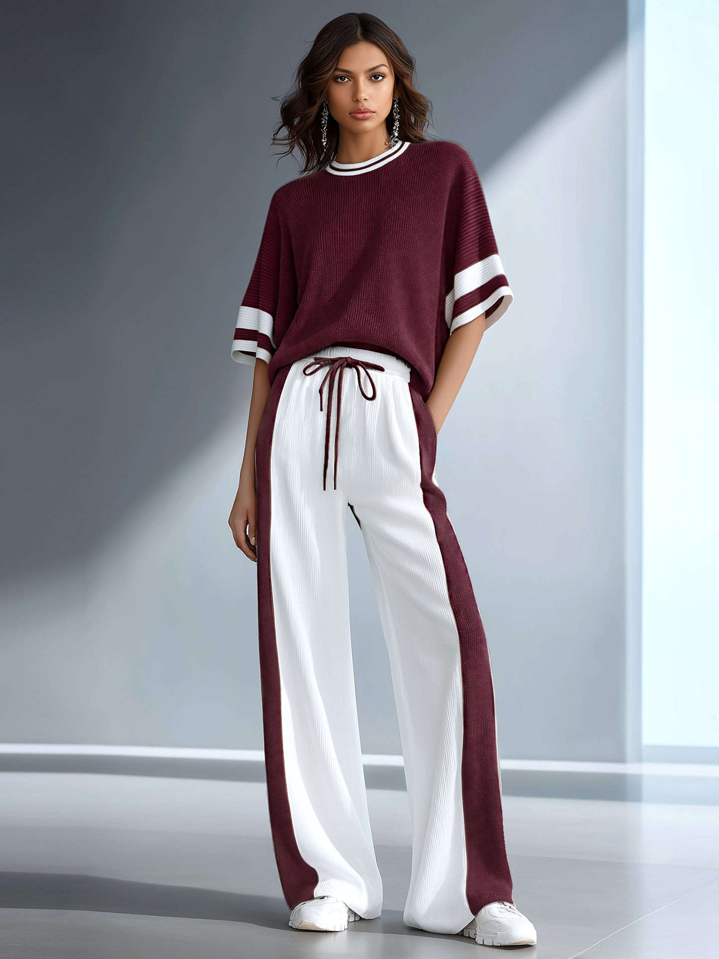 Women's Stylish Casual Brown Color-block Short-sleeved Knitted Top And Trousers Set
