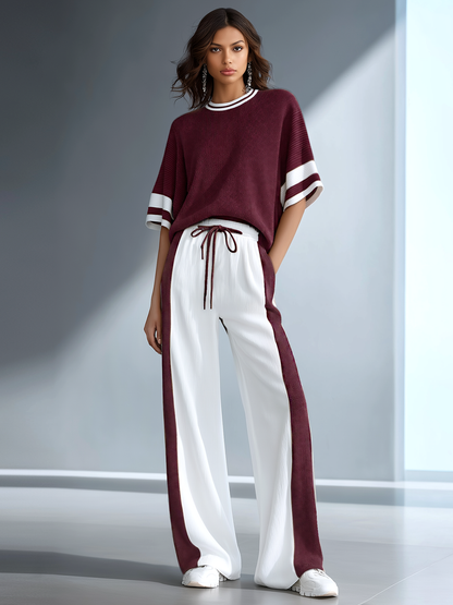Women's Stylish Casual Brown Color-block Short-sleeved Knitted Top And Trousers Set