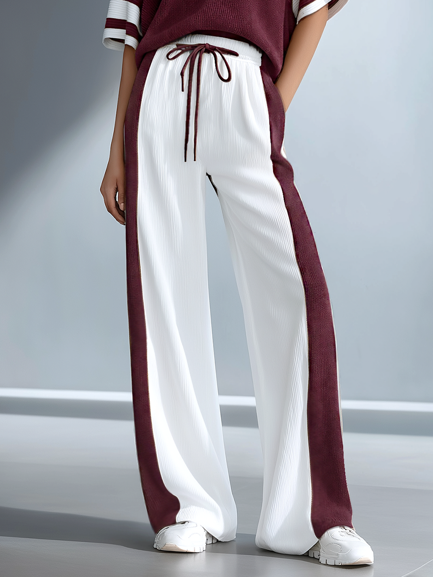 Women's Stylish Casual Brown Color-block Short-sleeved Knitted Top And Trousers Set