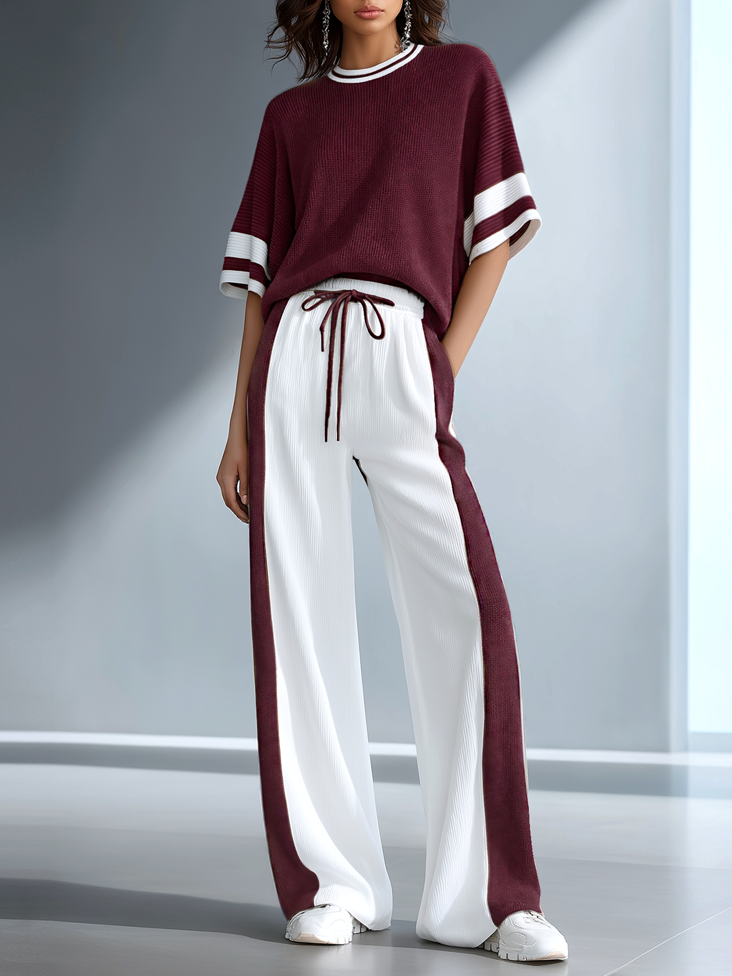 Women's Stylish Casual Brown Color-block Short-sleeved Knitted Top And Trousers Set