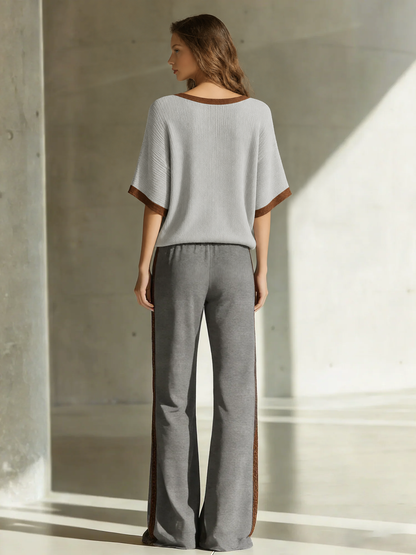 Women's Fashionable Casual Grey Color-block V-neck Short-sleeved Top And Trousers Set