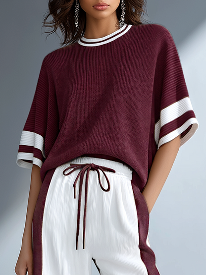 Women's Stylish Casual Brown Color-block Short-sleeved Knitted Top And Trousers Set