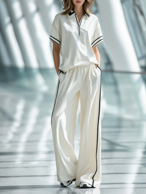 Women's Stylish Casual White Collared Short-sleeved Top And Trousers Set