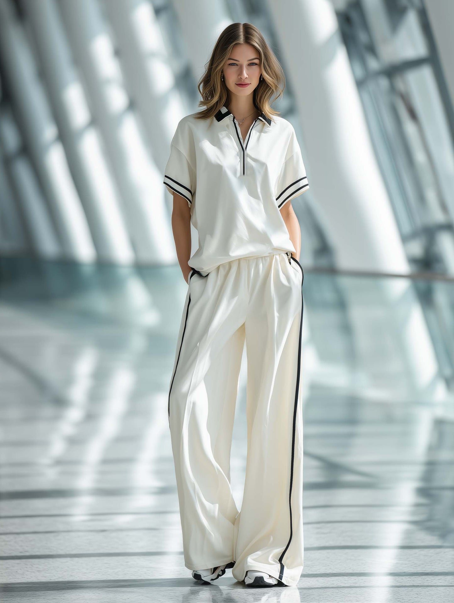 Women's Stylish Casual White Collared Short-sleeved Top And Trousers Set