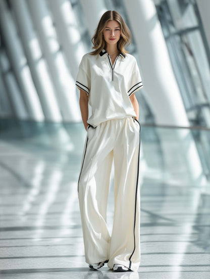 Women's Stylish Casual White Collared Short-sleeved Top And Trousers Set